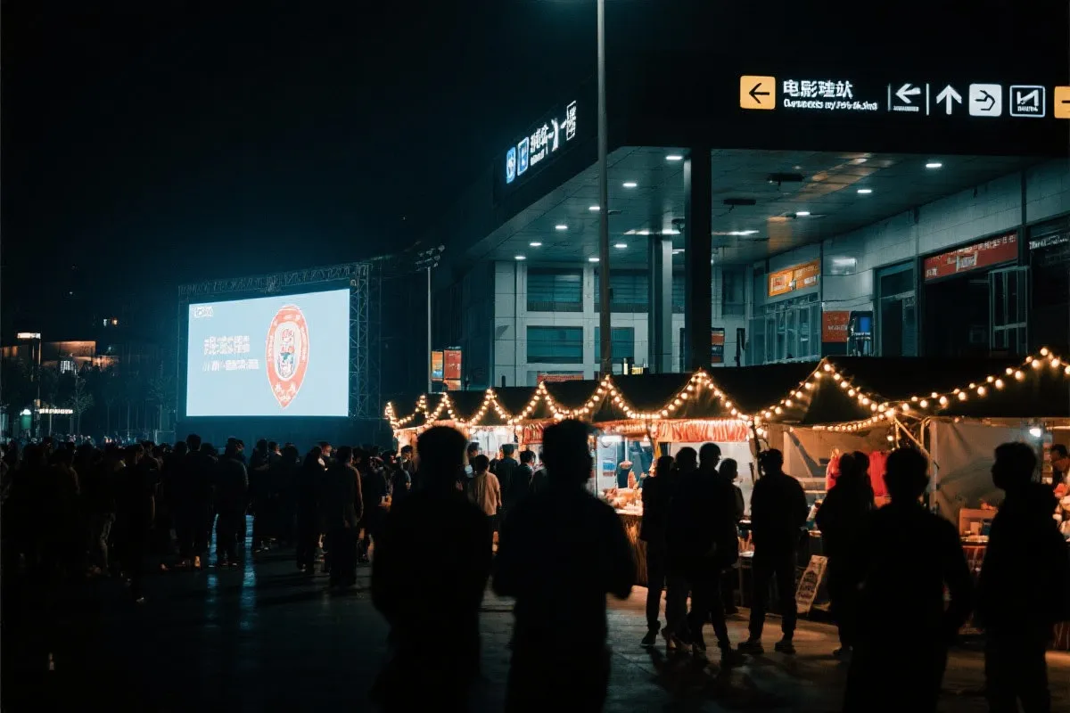 费城球迷广场夜景：大屏观赛人群、步行指示牌与公共交通入口